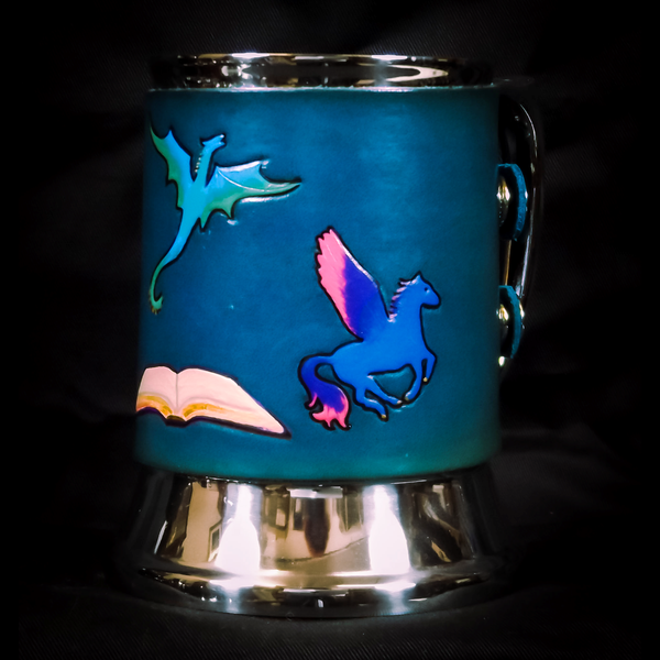 Teal Storybook Leather Tankard Cover on Tankard