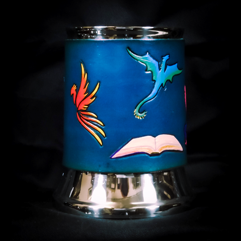 Teal Storybook Leather Tankard Cover on Tankard