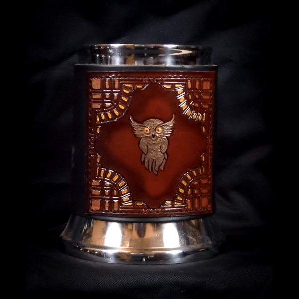 Brown Owl Leather Tankard Cover on Tankard