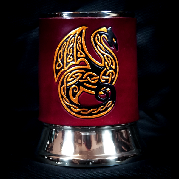 Red & Gold Celtic Dragon Leather Tankard Cover on Tankard