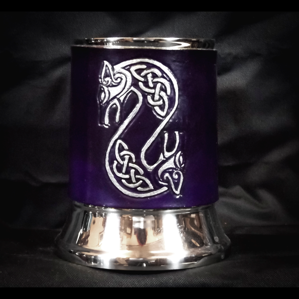 Purple & Silver Viking Dragon Leather Tankard Cover on Tankard