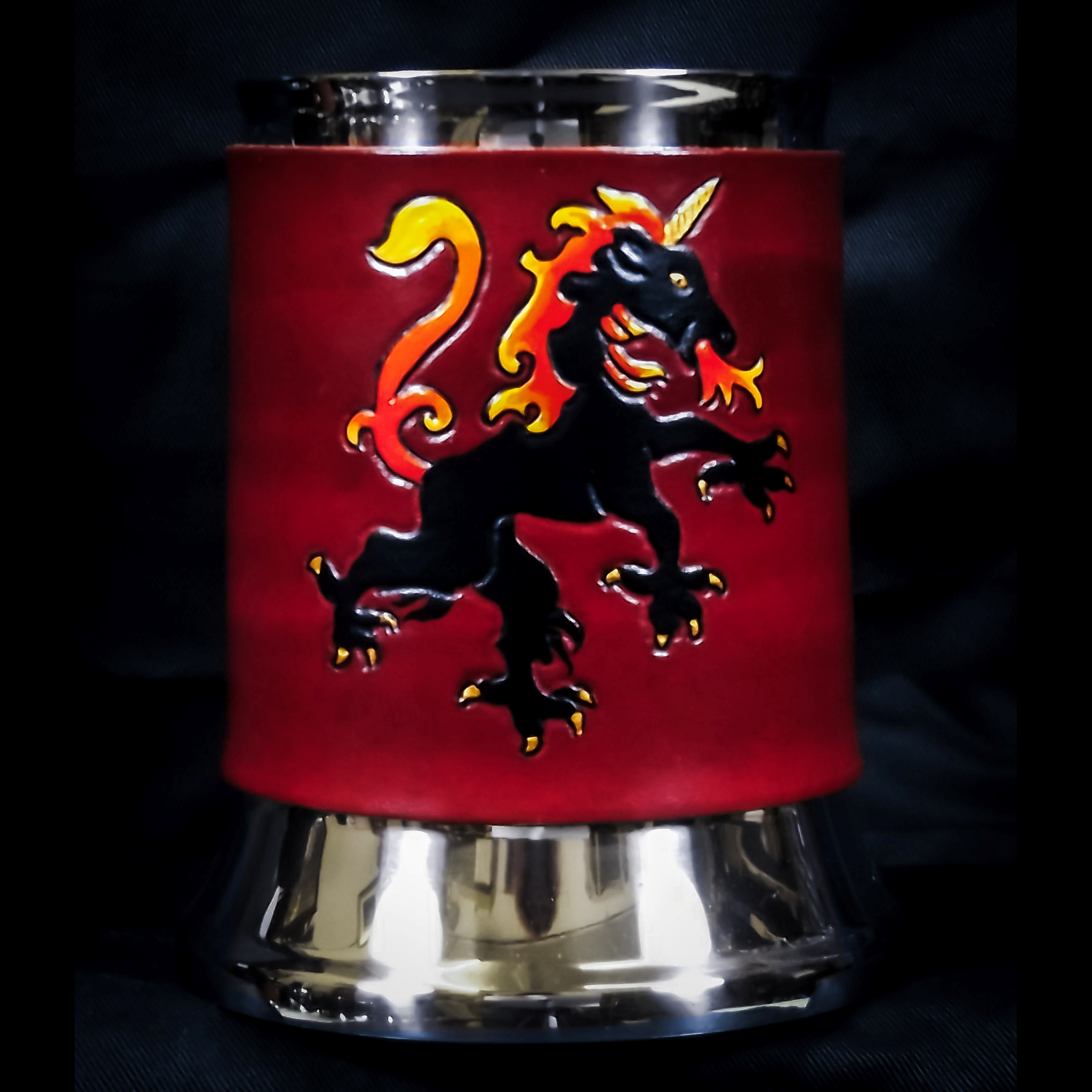 Fire Unicorn Leather Tankard Cover on Tankard