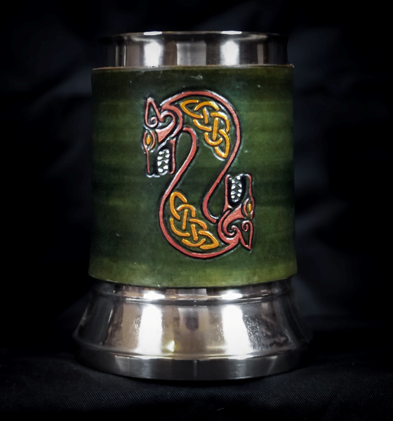 Green Viking Dragon Leather Tankard Cover on Tankard