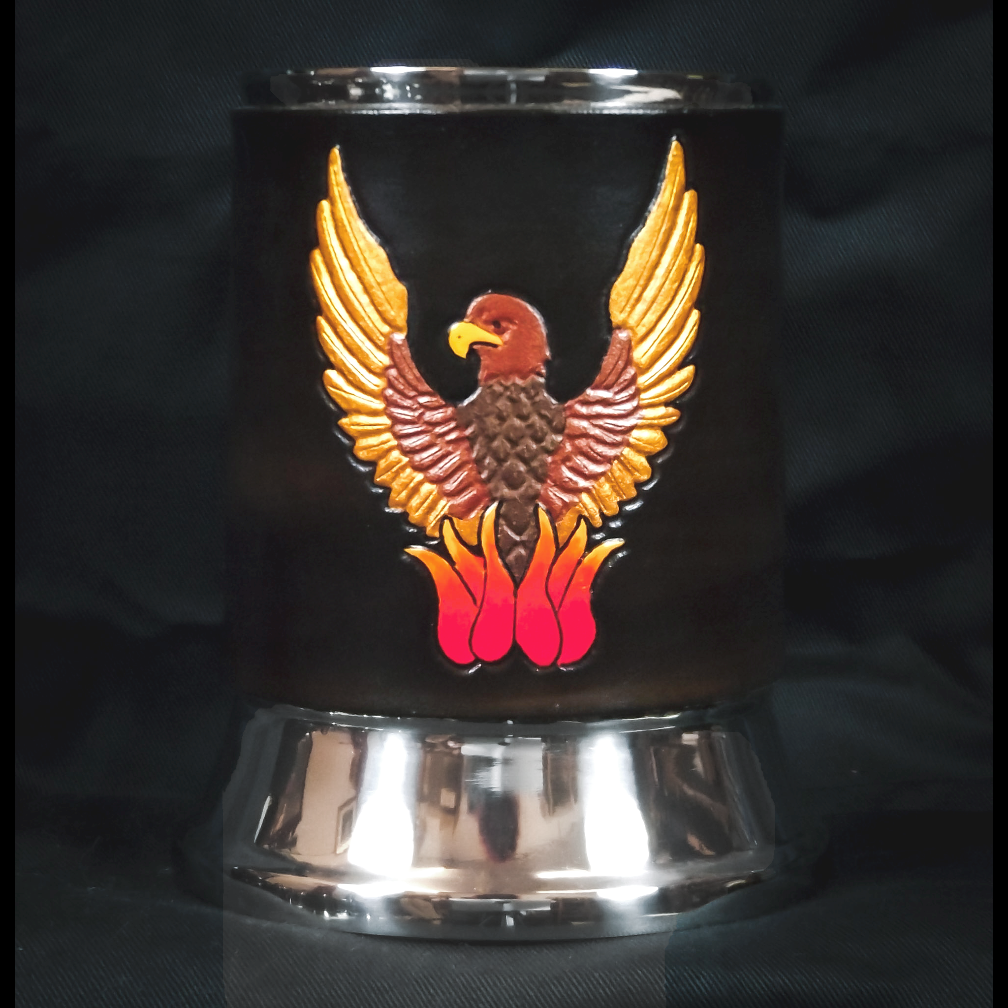 Rising Phoenix Leather Tankard Cover on Tankard