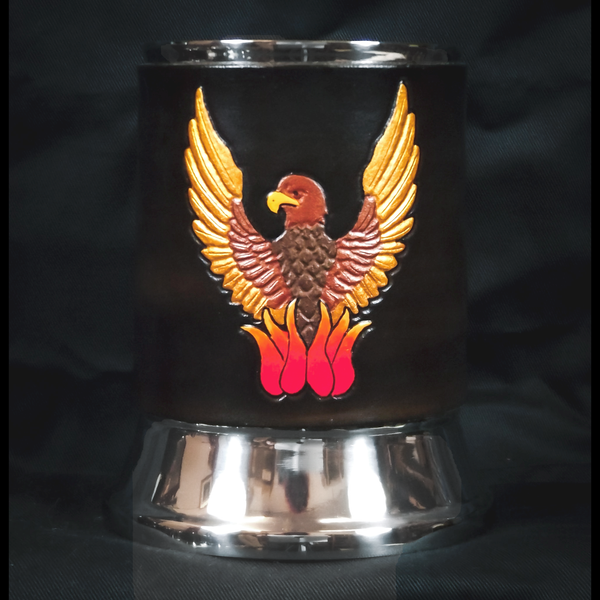 Rising Phoenix Leather Tankard Cover on Tankard