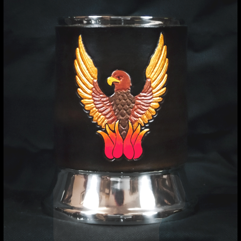 Rising Phoenix Leather Tankard Cover on Tankard