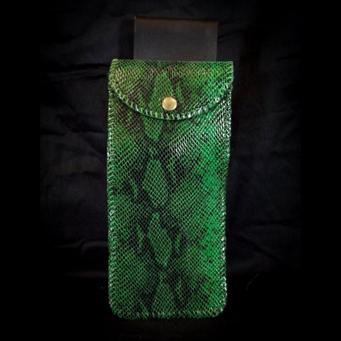Handmade Water Bottle Leather Belt Pouch - Green Snakeskin Effect