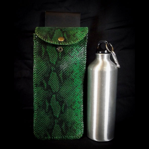 Handmade Water Bottle Leather Belt Pouch - Green Snakeskin Effect
