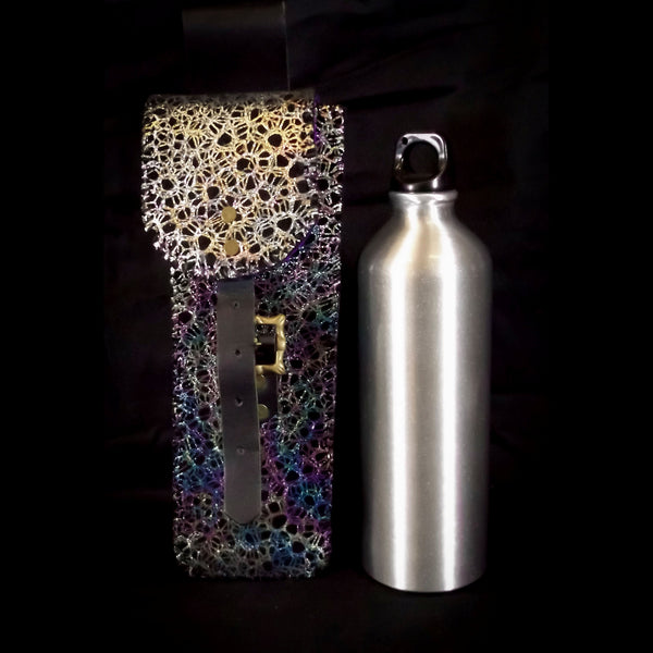Handmade Water Bottle Leather Belt Pouch - Oil Rainbow Web