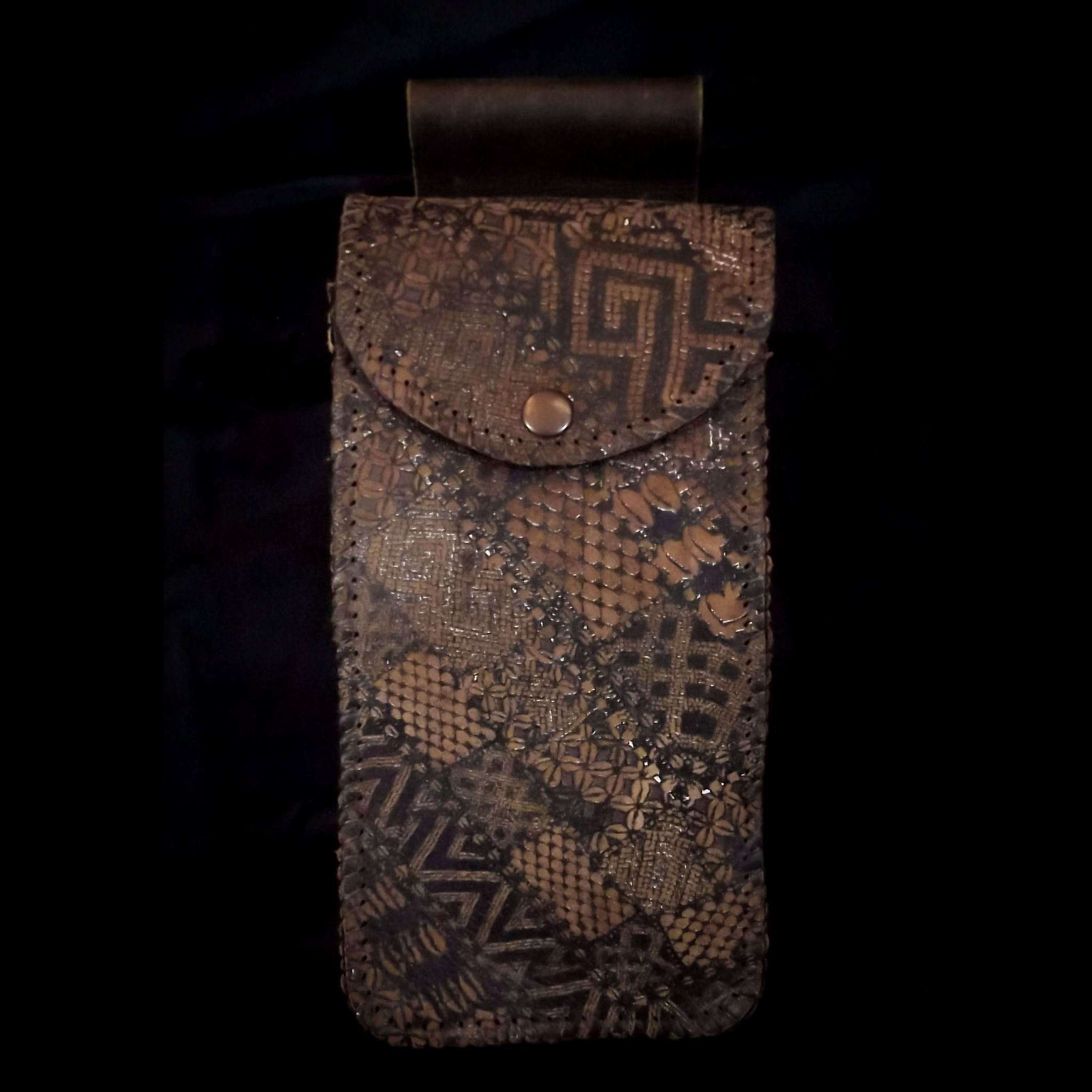 Handmade Water Bottle Leather Belt Pouch - Brown Print