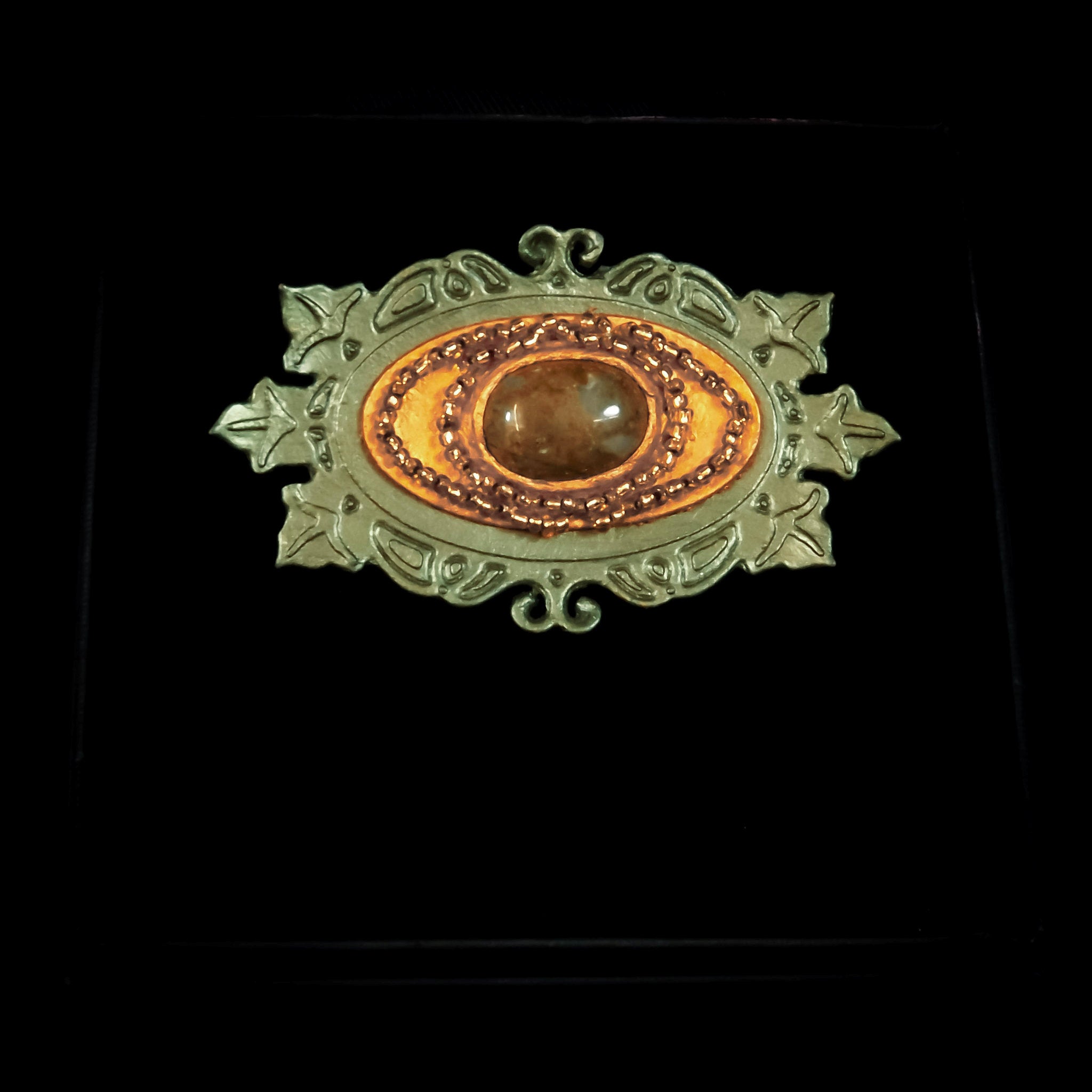 Handmade Leather & Gemstone Ivy Leaf Brooch - 7cm