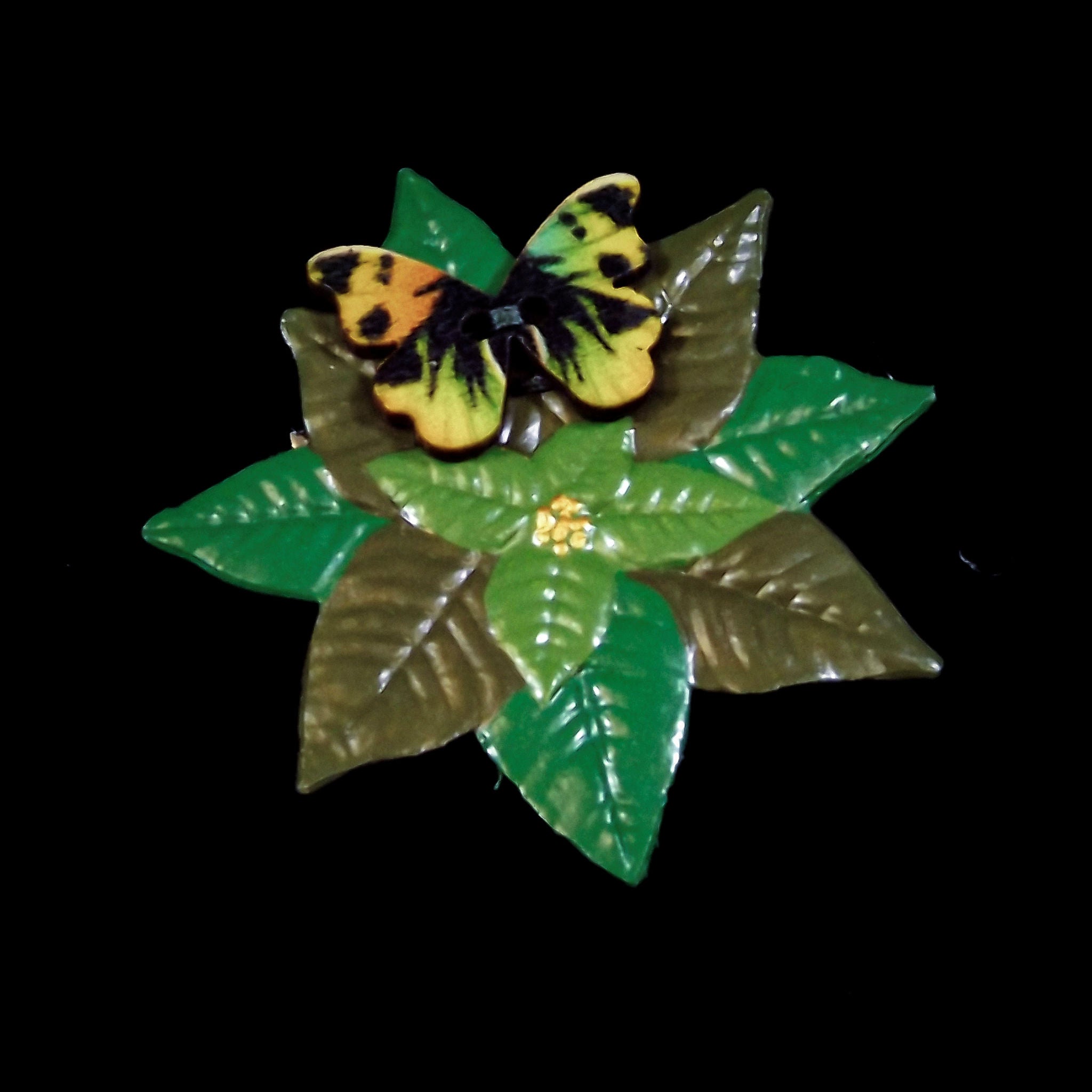 Handmade Leather Butterfly & Leaves Brooch - 6.5cm