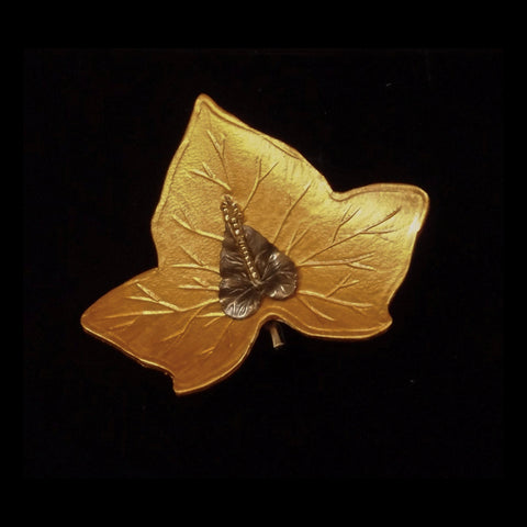 Handmade Golden Leather Ivy Leaf Brooch - 6cm