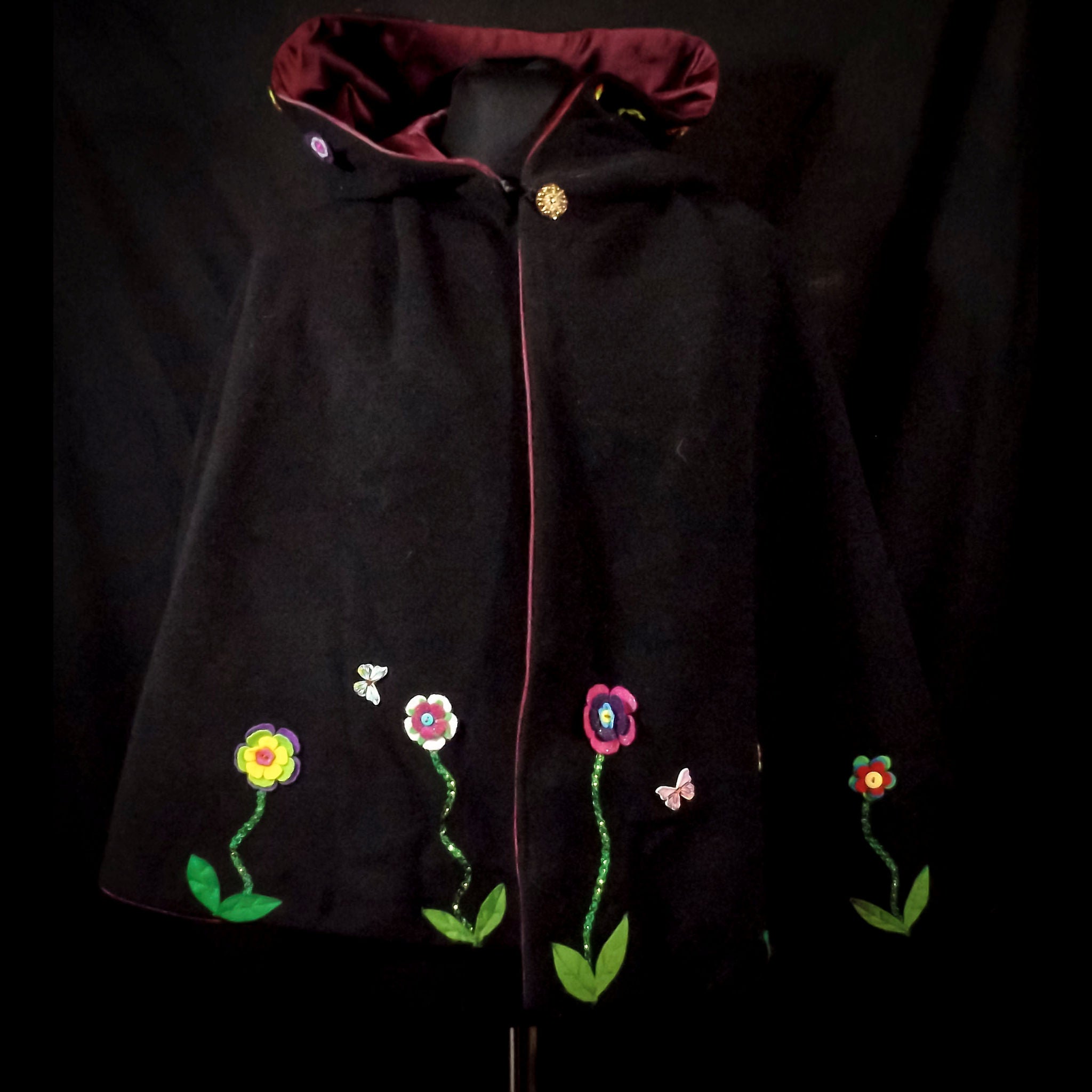 Black Wool Applique Flowers Half Cloak
