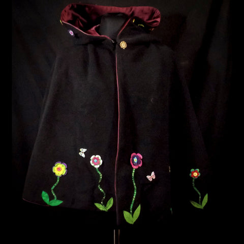 Black Wool Applique Flowers Half Cloak