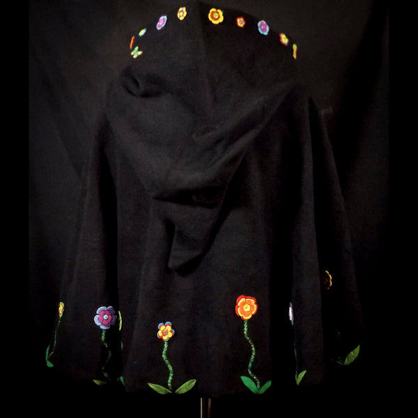 Black Wool Applique Flowers Half Cloak