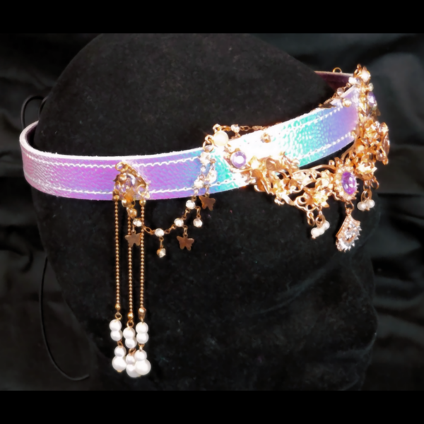 Lilac & Gold Crown on Iridescent Leather Band