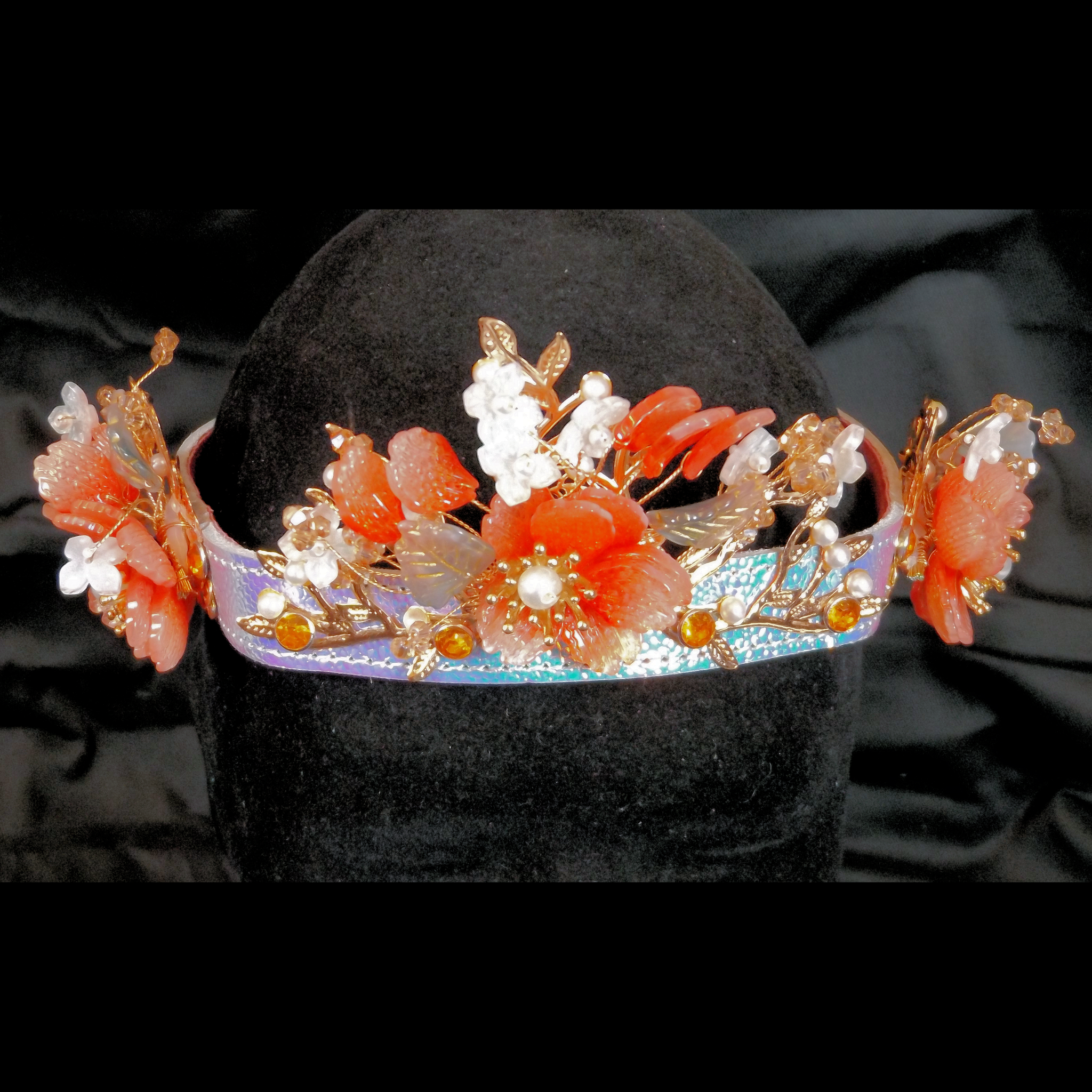 Orange & Gold Flower Crown on Iridescent Leather Band