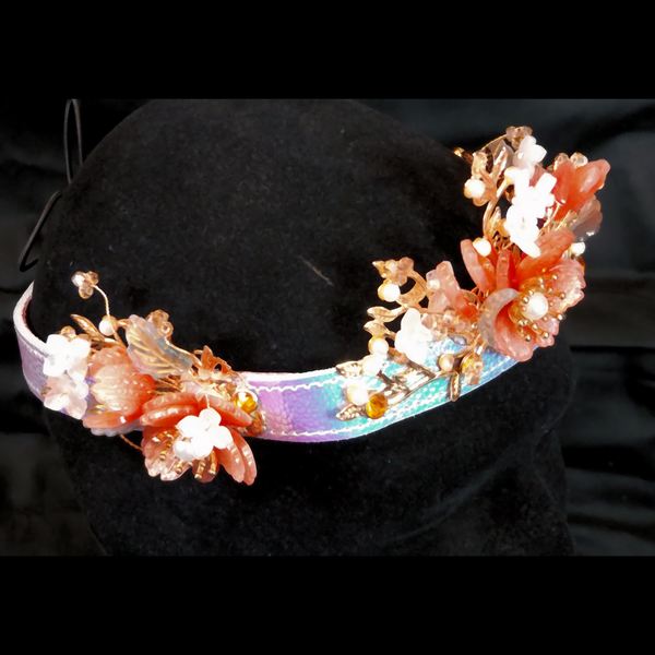 Orange & Gold Flower Crown on Iridescent Leather Band