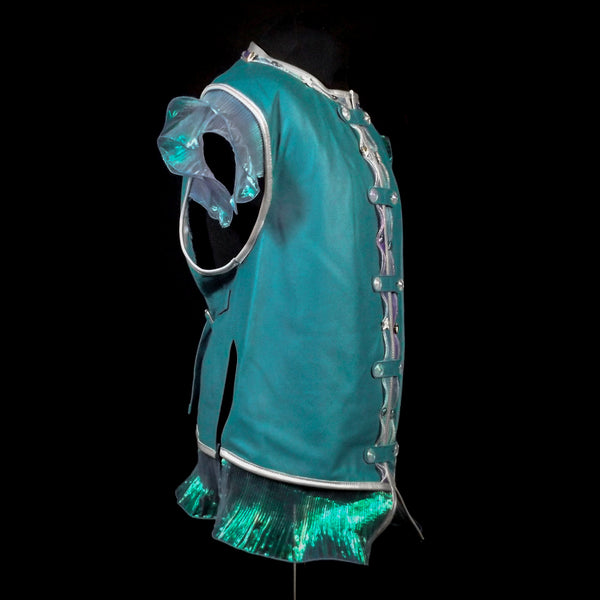 Turquoise Iridescent Frill  Leather Vest - Large