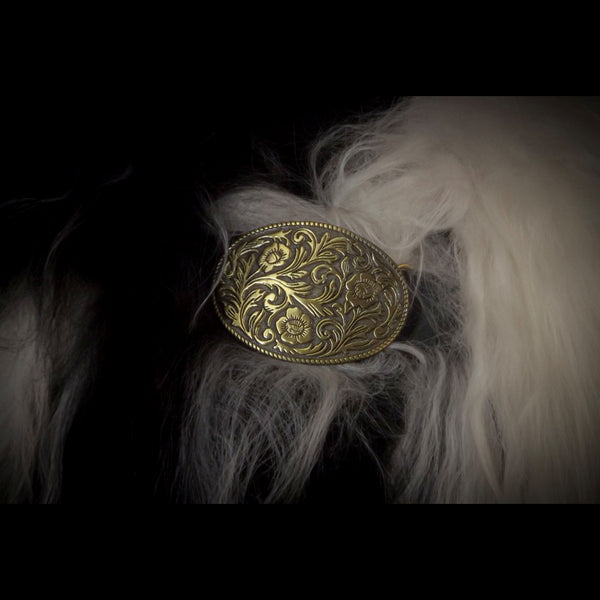 Dark Brown & Cream Icelandic Sheepskin Mantle - Floral Flourish Buckle