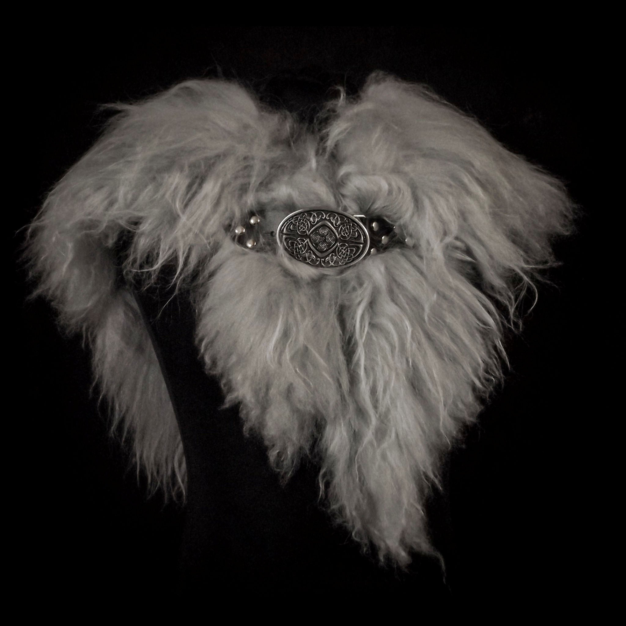Silver Grey Icelandic Sheepskin Mantle - Celtic Buckle
