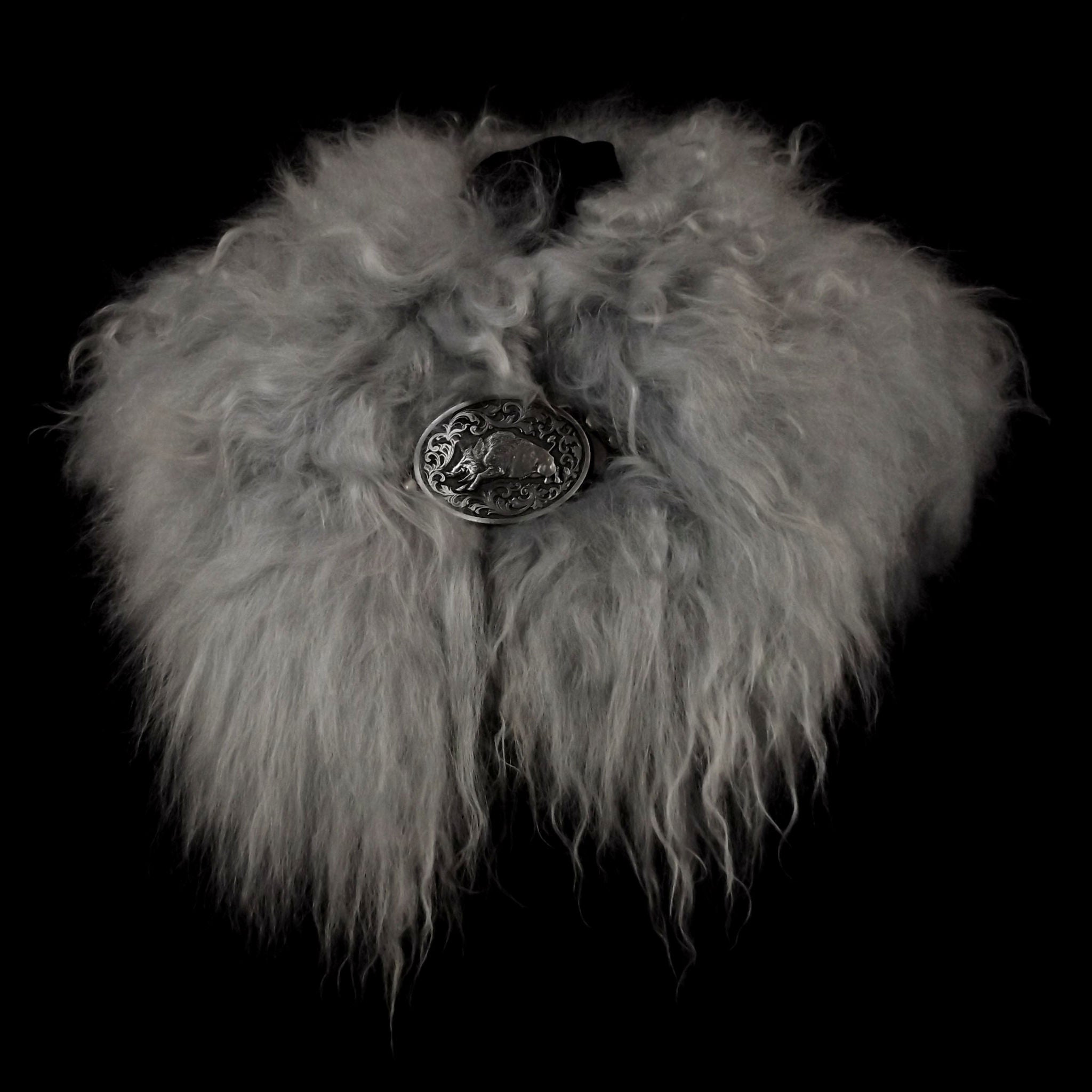 Silver Grey Icelandic Sheepskin Mantle - Boar Buckle