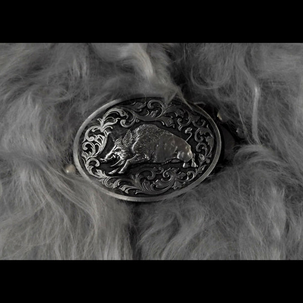 Silver Grey Icelandic Sheepskin Mantle - Boar Buckle