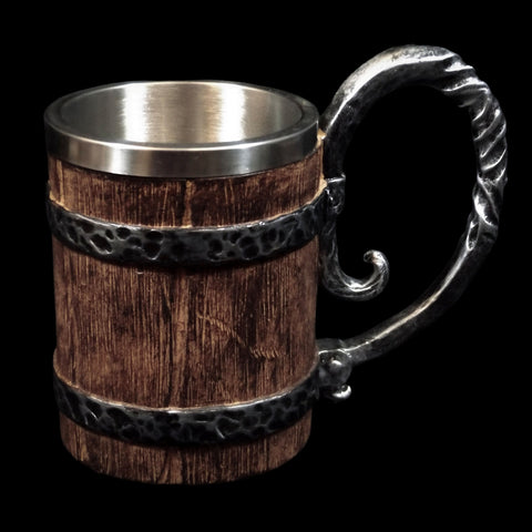 Large Wood Look Curly Handle Stainless Steel & Resin Tankard