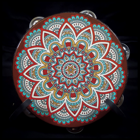 Red & Turquoise Mandala Tambourine - 8Inches