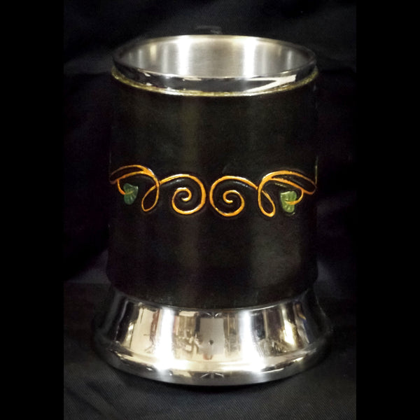 Green Swirly Leaves Leather Tankard Cover on Tankard