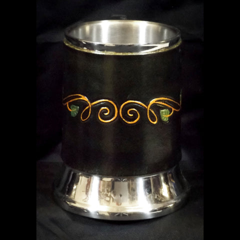 Green Swirly Leaves Leather Tankard Cover on Tankard