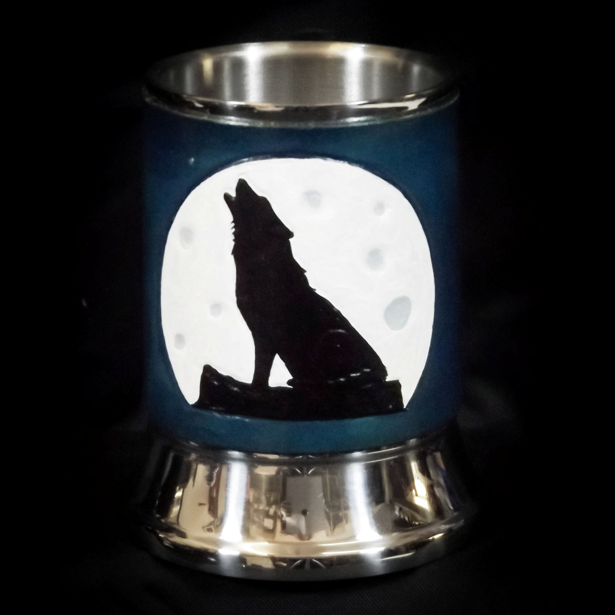Teal Wolf Moon Leather Tankard Cover on Tankard