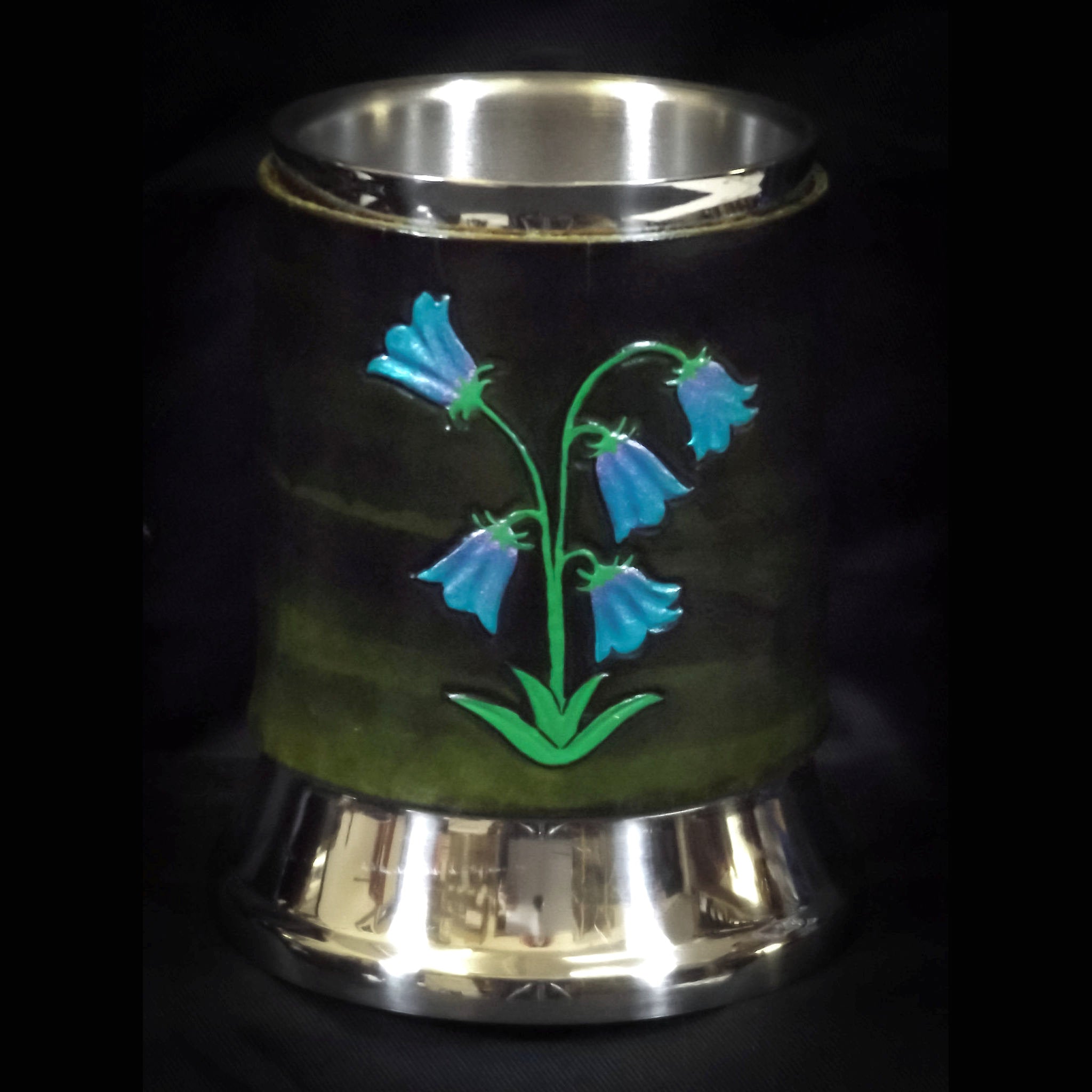 Green Bluebell Flowers Leather Tankard Cover on Tankard