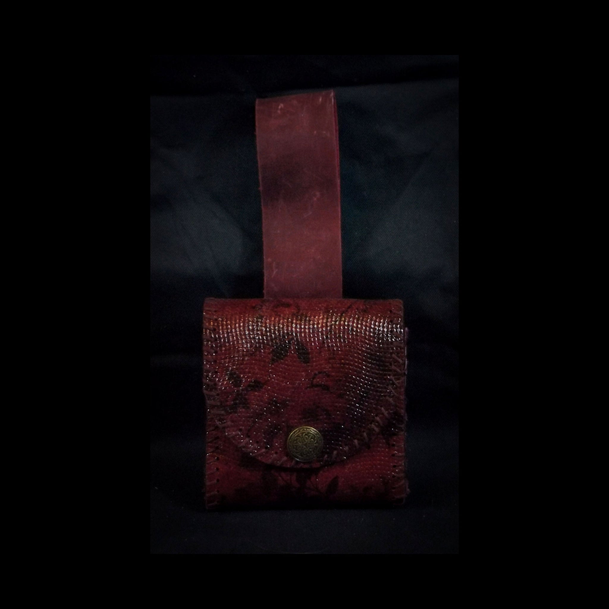 Small Square Belt Pouch 10*11cm - Burgundy Floral Red Leather