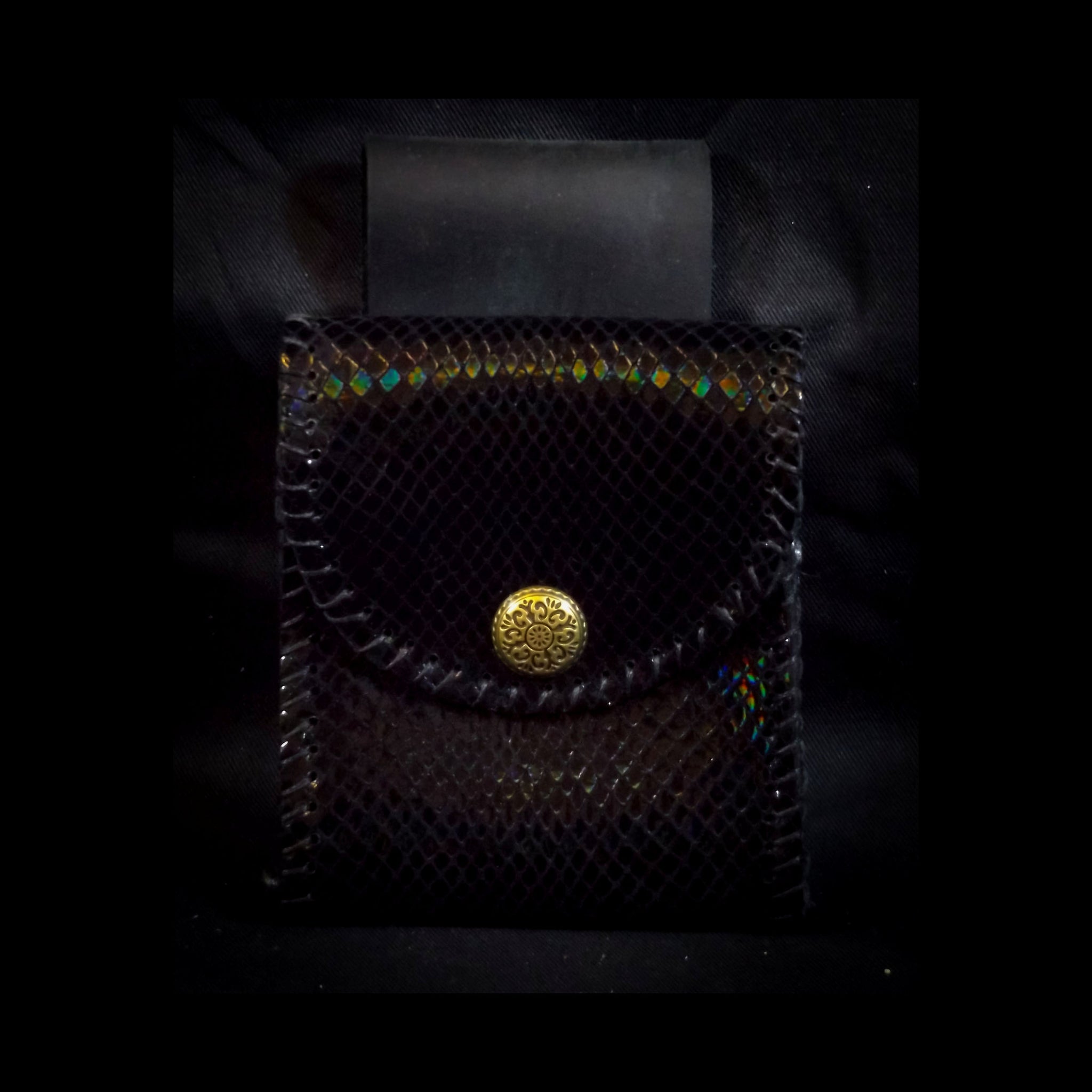 Small Square Belt Pouch 10*11cm -Black Iridescent Snakeskin Effect Leather