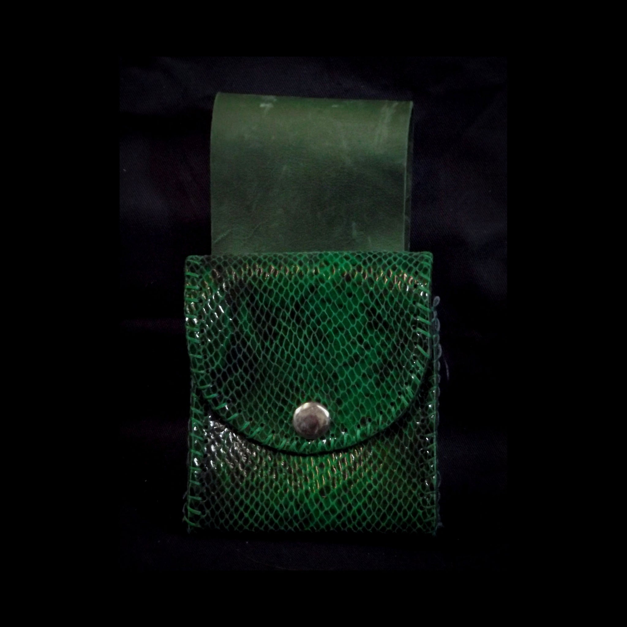 Small Square Belt Pouch 10*11cm -Green & Black Snakeskin Effect Leather